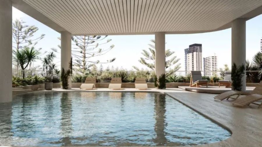 A render of the communal pool and recreation area planned for the podium level of the Broadbeach tower development.